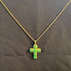 Vintage Trifari Green and Gold Geometric Cross Necklace
